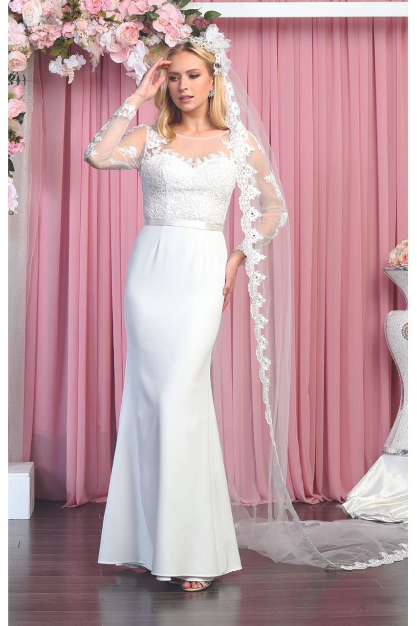 Sheer Long Sleeve Wedding Dress - IVORY / 4