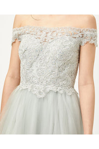 Off shoulder lace applique & rhinestone sassy short mesh dress - LA1649 - Silver - LA Merchandise
