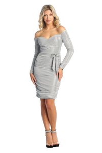 Glittery Off Shoulder Homecoming Dress - SILVER / 4