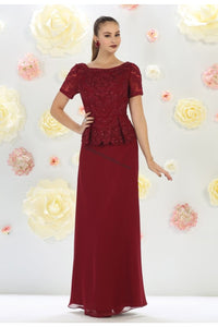 Short sleeve embroidered & rhinestone chiffon dress- LA1427 - Burgundy - LA Merchandise