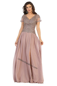 Short sleeve embroiderer & sequins chiffon dress with front 