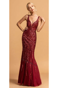 Long Mermaid Mesh Dress- LAEL2173 - BURGUNDY - LA Merchandise