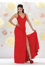 Load image into Gallery viewer, Shoulder straps pleated chiffon dress with high front slit- 