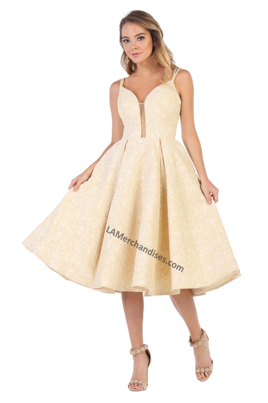Shoulder straps short jacquard dress with pocket sides- LA7699 - Yellow - LA Merchandise