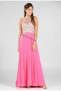 La Merchandise LAY7826 Long Detailed Halter Chiffon Formal Prom Dress - Pink - LA Merchandise