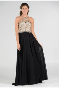 La Merchandise LAY7826 Long Detailed Halter Chiffon Formal Prom Dress - Black - LA Merchandise