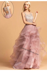 Sleeveless Embroiderer & Sequins Long Organza Dress- L2160