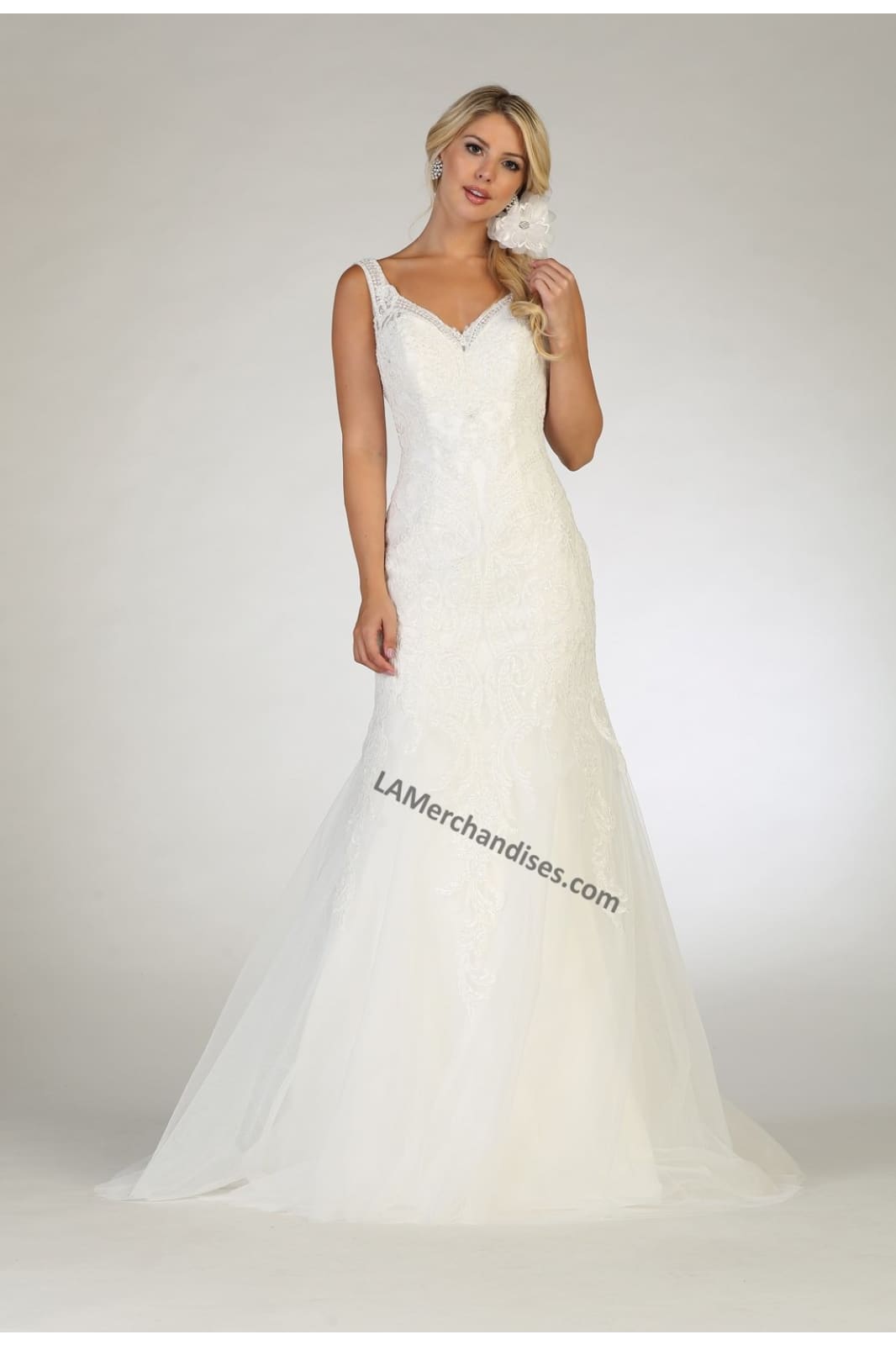 Sleeveless embroiderer & sequins mesh bridal dress- LA7643 - Ivory - LA Merchandise