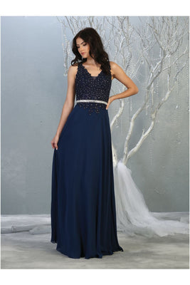 La Merchandise LA1701 Sleeveless Lace Applique & Chiffon Evening Dress - NAVY - Dress LA Merchandise