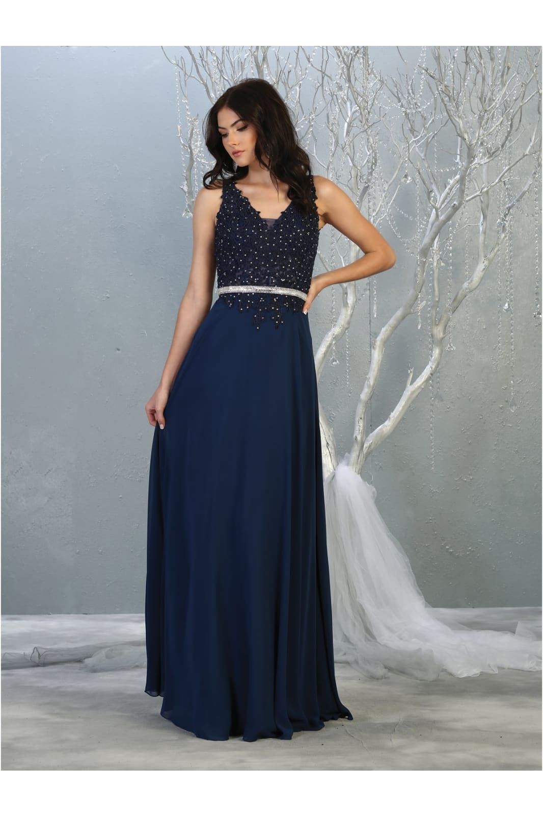 Sleeveless Lace Applique Evening Dress- LA1701 - NAVY / 20 -