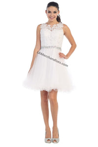 Sleeveless lace applique mesh sassy short dress- LA1280 - Silver - LA Merchandise