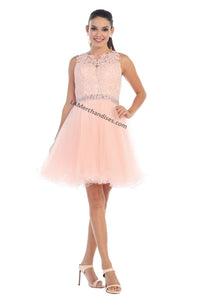Sleeveless lace applique mesh sassy short dress- LA1280 - Blush - LA Merchandise