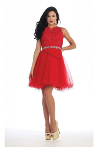 Sleeveless lace applique mesh sassy short dress- LA1280 - Red - LA Merchandise