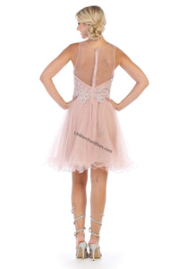 Sleeveless lace applique & rhineston short mesh dress- 