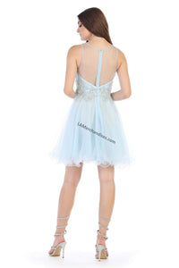 Sleeveless lace applique & rhineston short mesh dress- 