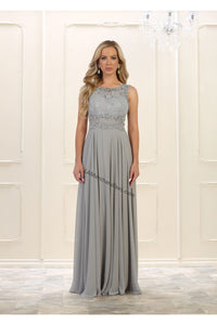 Sleeveless lace applique & rhinestone chiffon dress- LA1539 - Silver - LA Merchandise