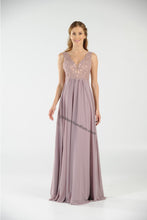 Load image into Gallery viewer, Sleeveless lace applique &amp; rhinestone long chiffon dress- 