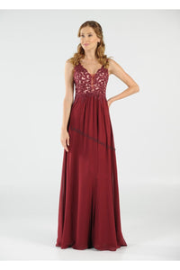La Merchandise LAY8012 Sleeveless Lace & Chiffon Long Evening Dress - Burgundy - LA Merchandise