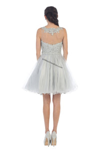 Sleeveless lace applique & rhinestone short mesh dress- 
