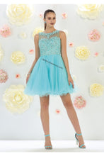 Load image into Gallery viewer, Sleeveless lace applique &amp; rhinestone short mesh dress- 
