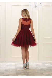 Sleeveless lace applique & rhinestone short mesh dress- 