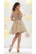 Load image into Gallery viewer, Sleeveless metallic lace &amp; rhinestone short mesh dress- 