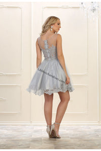 Sleeveless metallic lace & rhinestone short mesh dress- 
