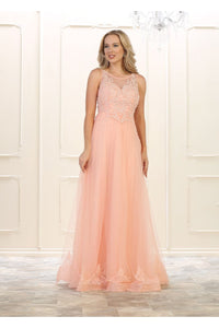 Sleeveless pearls & rhinestones long mesh dress- LA7569 - Blush - LA Merchandise