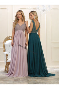 Sleeveless rhinestone long pleated chiffon dress- LA7512 - - LA Merchandise