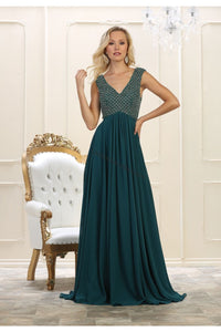 Sleeveless rhinestone long pleated chiffon dress- LA7512 - Hunter Green - LA Merchandise