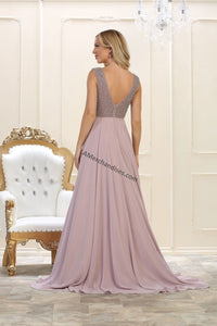 Sleeveless rhinestone long pleated chiffon dress- LA7512 - - LA Merchandise