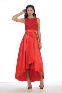 Sleeveless sequins high low satin dress- LA1411 - Red - LA Merchandise