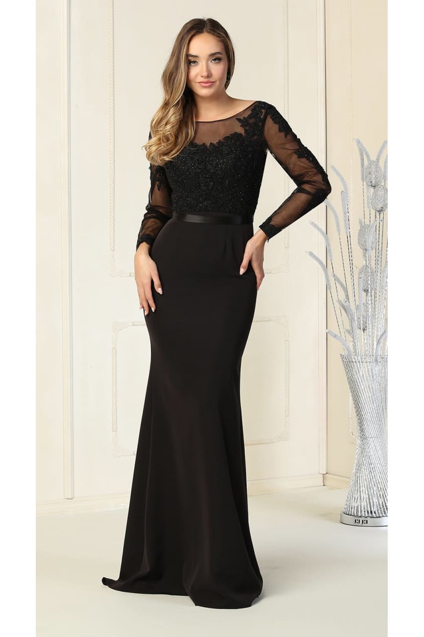 Sheer Long Sleeve Mermaid Evening Gown - LA1847 - BLACK - LA Merchandise