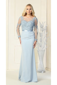 Sheer Long Sleeve Mermaid Evening Gown - LA1847 - DUSTY BLUE - LA Merchandise