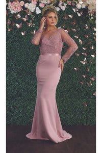 Sheer Long Sleeve Mermaid Evening Gown - LA1847 - DUSTY ROSE - LA Merchandise