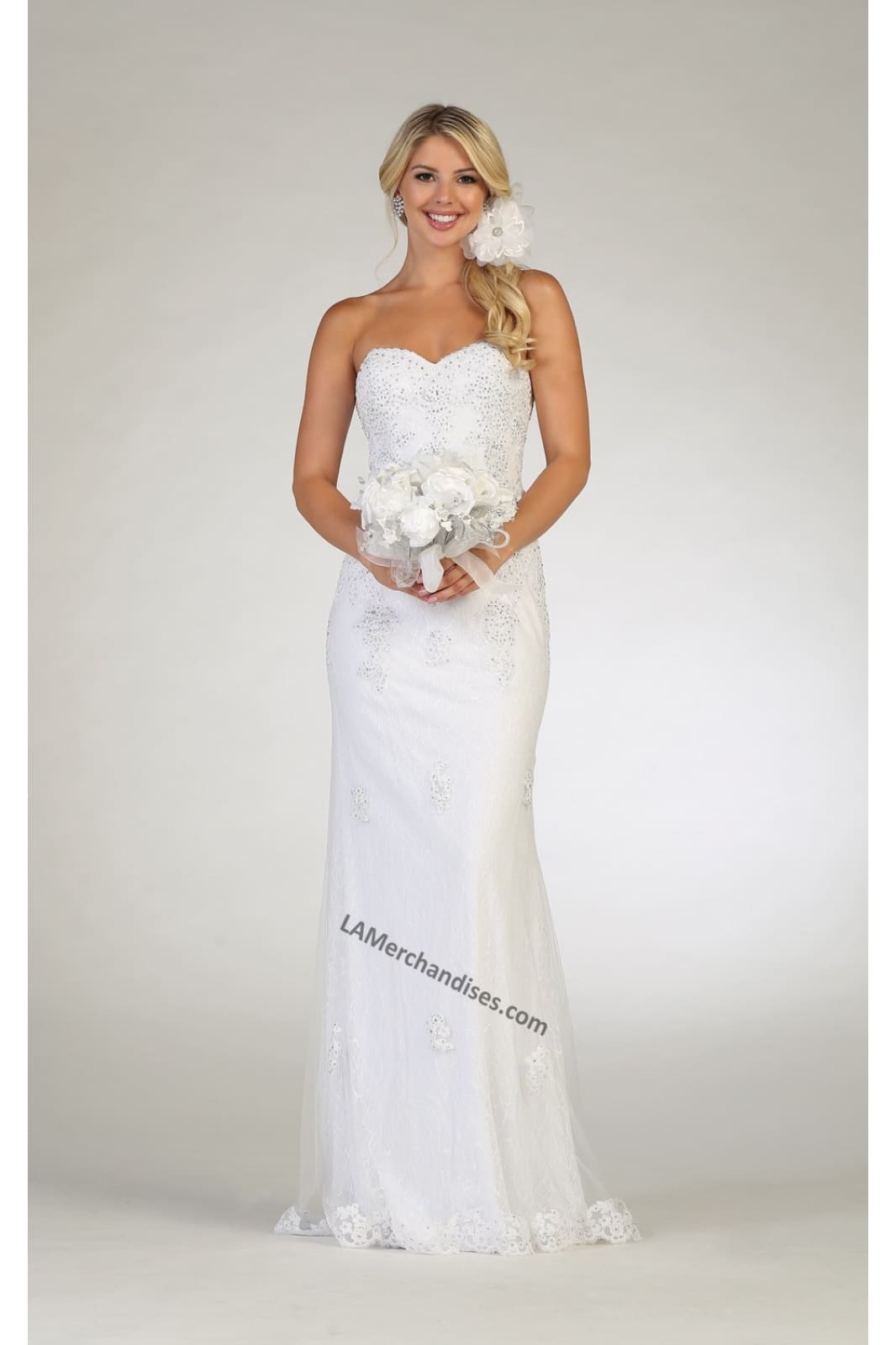 Strapless lace applique & rhinestone long mesh bridal dress-