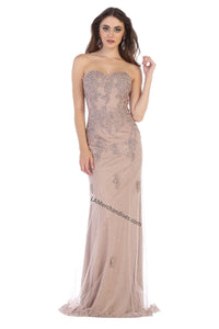 Strapless lace applique & rhinestone long mesh dress- LA1585 - Mauve - LA Merchandise