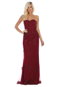 Strapless lace applique & rhinestone long mesh dress- LA1585 - Burgundy - LA Merchandise