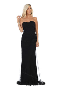 Strapless lace applique & rhinestone long mesh dress- LA1585 - Black - LA Merchandise