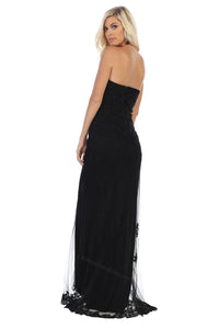 Strapless lace applique & rhinestone long mesh dress- LA1585 - - LA Merchandise