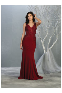 V-Neck Prom Dress LA7771 - Burgundy - Dress LA Merchandise