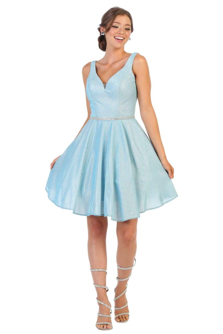 V-neckline Short Cocktail Dress - BABY BLUE / 2